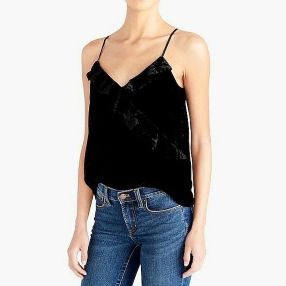 J. Crew Women's Cami Tank Top Black Crushed Velvet‎ Ruffle V-Neck M